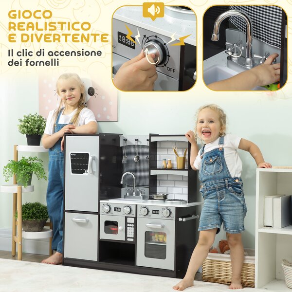 AIYAPLAY Cucina Giocattolo per Bambini 3-8 Anni con Accessori, Frigo, Lavandino e Manopole con Suoni, in Legno, Marrone | Aosom Italy