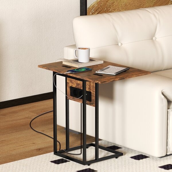 HOMCOM Tavolino da Salotto a C Espandibile con 2 Stazioni di Ricarica, in Legno e Metallo, 39x29x57 cm, Nero e Marrone | Aosom Italy