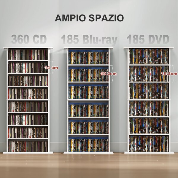 HOMCOM Scaffale Porta CD con 6 Ripiani Regolabili, Capacità di 360 CD/185 DVD, 58x24x124.5 cm, Bianco | Aosom Italy