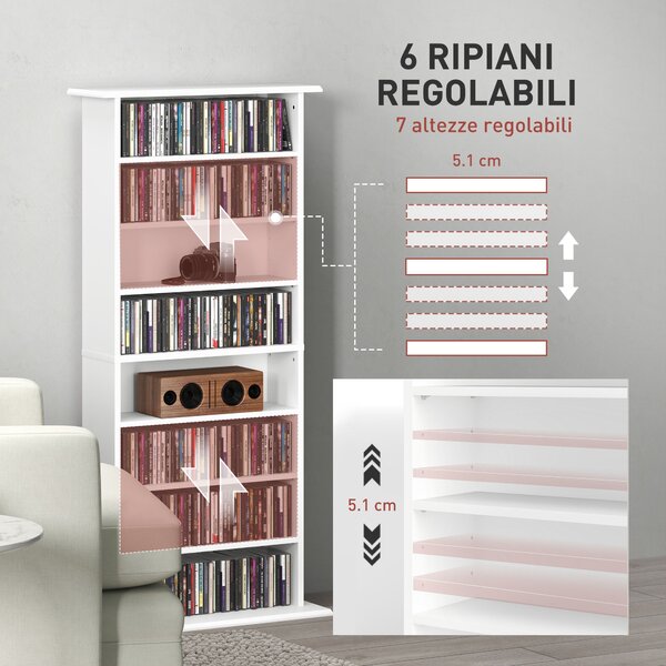 HOMCOM Scaffale Porta CD con 6 Ripiani Regolabili, Capacità di 360 CD/185 DVD, 58x24x124.5 cm, Bianco | Aosom Italy