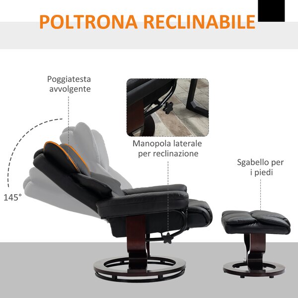 HOMCOM Poltrona Relax e Pouf Poggiapiedi, Reclinabile a 145° con Seduta Girevole in Finta Pelle, Nero | Aosom Italy
