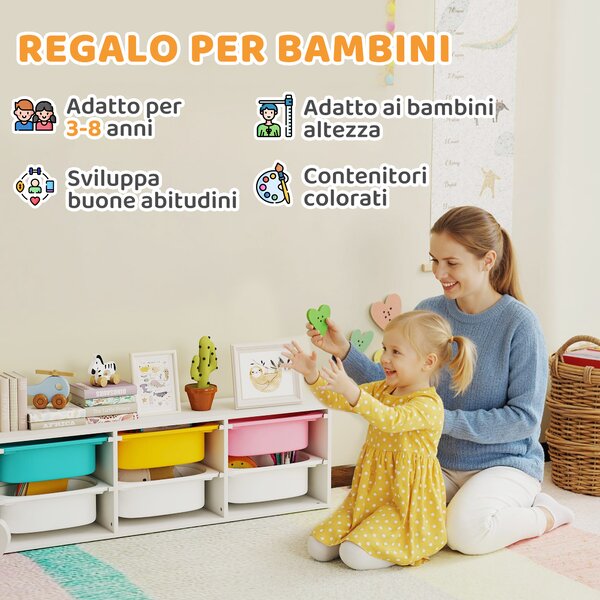 AIYAPLAY Scaffale Portagiochi Bambini in Legno con 6 Contenitori Rimovibili in Plastica, Multicolore | Aosom Italy