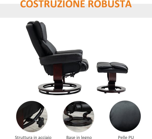 HOMCOM Poltrona Relax e Pouf Poggiapiedi, Reclinabile a 145° con Seduta Girevole in Finta Pelle, Nero | Aosom Italy