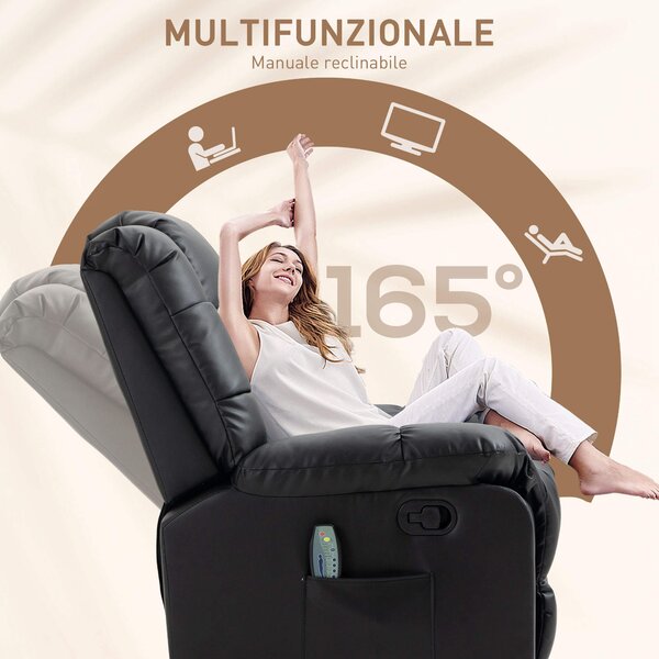 HOMCOM Poltrona Relax con 8 Punti Massaggio e Reclinazione a 165° in Finta Pelle, Nero | Aosom Italy