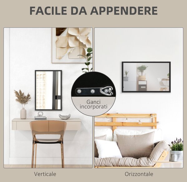 HOMCOM Specchio da Parete Rettangolare con Ganci, in Vetro e MDF, 40x60 cm, Nero | Aosom Italy
