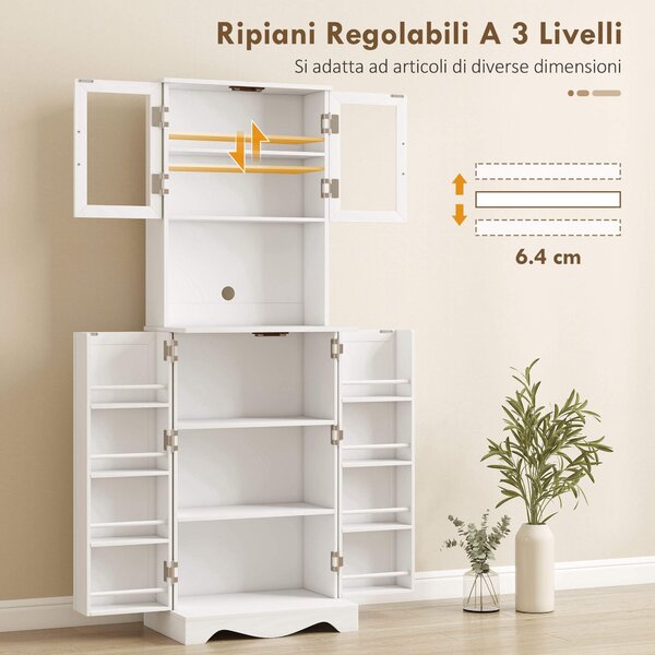 HOMCOM Mobile Dispensa Cucina con 2 Armadietti e 8 Ripiani, in Legno e Acrilico, 60x39.5x179.6 cm, Bianco | Aosom Italy