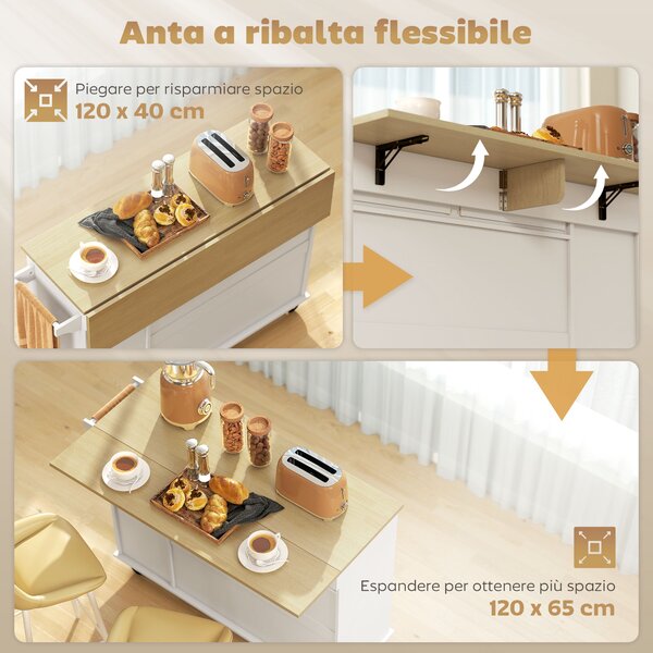 HOMCOM Isola per Cucina a 5 Ruote con Portasciugamani, 2 Cassetti, 4 Ripiani e Armadietto, in Legno, 129x65x91 cm | Aosom Italy