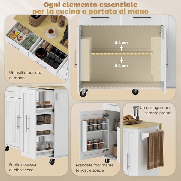 HOMCOM Isola per Cucina a 5 Ruote con Portasciugamani, 2 Cassetti, 4 Ripiani e Armadietto, in Legno, 129x65x91 cm | Aosom Italy