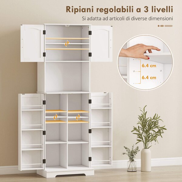 HOMCOM Credenza da Cucina Alta Stile Country, 2 Armadietti e 8 Portaspezie, 60x40x181.5 cm, Bianco | Aosom Italy