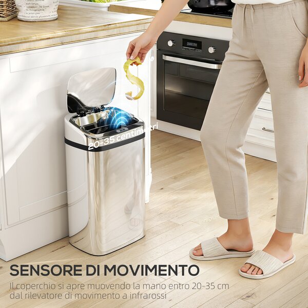 HOMCOM Bidone per Rifiuti da 30L con Sensore per Apertura e Chiusura Automatica, 33x25x57.5 cm, Argento | Aosom Italy