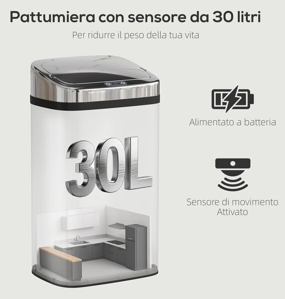 HOMCOM Bidone per Rifiuti da 30L con Sensore per Apertura e Chiusura Automatica, 33x25x57.5 cm, Argento | Aosom Italy