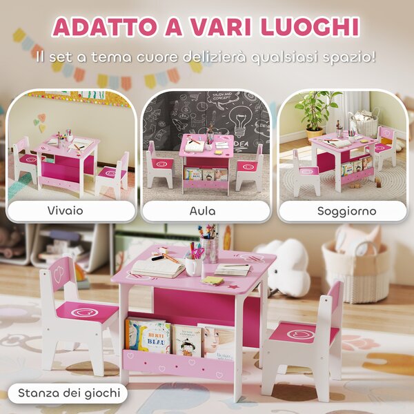 AIYAPLAY Set Tavolo con 2 Sedie per Bambini 3-8 Anni, Tavolino con Scaffale in Legno MDF con Disegni a Cuori, Rosa | Aosom Italy