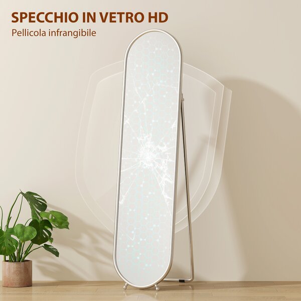 HOMCOM Specchio a Figura Intera da Terra con Supporto Pieghevole, Vetro e Metallo, 40x4x160 cm, Argento | Aosom Italy