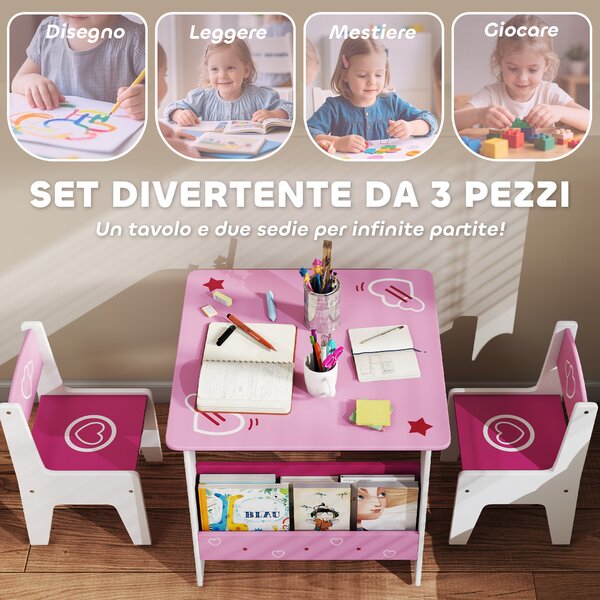 AIYAPLAY Set Tavolo con 2 Sedie per Bambini 3-8 Anni, Tavolino con Scaffale in Legno MDF con Disegni a Cuori, Rosa | Aosom Italy