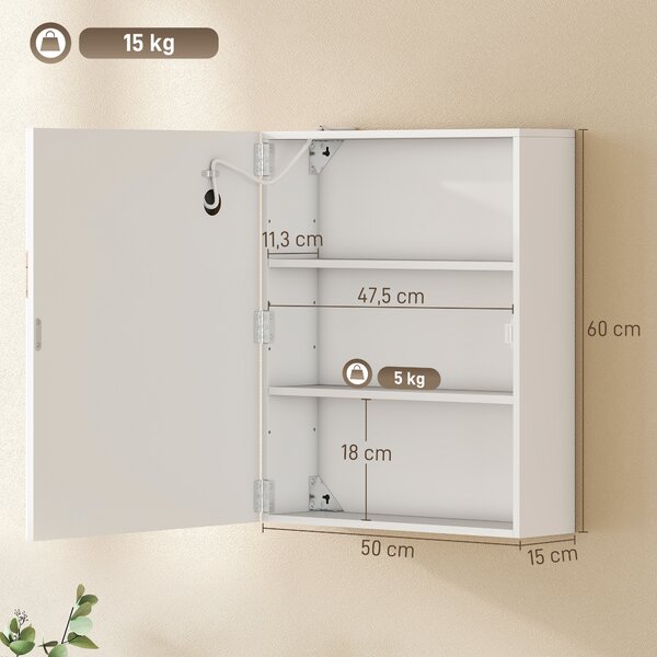 HOMCOM Armadietto Bagno con Specchio, Luce LED Regolabile e Sistema Antiappannamento, 50x15x60 cm, Bianco | Aosom Italy