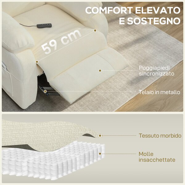 HOMCOM Poltrona Reclinabile 150° Effetto Velluto con Poggiapiedi, Telecomando e Tasca Laterale, 96x90x105 cm, Bianca | Aosom Italy