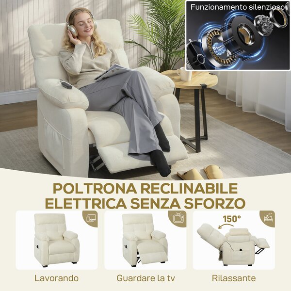 HOMCOM Poltrona Reclinabile 150° Effetto Velluto con Poggiapiedi, Telecomando e Tasca Laterale, 96x90x105 cm, Bianca | Aosom Italy