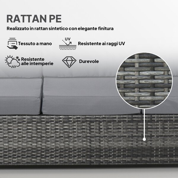 Outsunny Divano da Esterno 3 Posti in Rattan PE e Metallo con Cuscini per Seduta e Schienale, 185x70x80 cm, Grigio | Aosom Italy