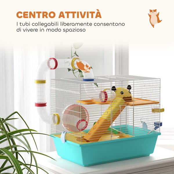 PawHut Gabbia per Criceti con Ruota, Casetta, Ciotola, Rampe e Serbatoio, in Acciaio, PS e PP, 45x28x37 cm, Bianco e Azzurro | Aosom Italy