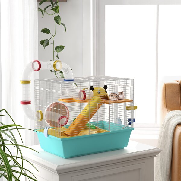 PawHut Gabbia per Criceti con Ruota, Casetta, Ciotola, Rampe e Serbatoio, in Acciaio, PS e PP, 45x28x37 cm, Bianco e Azzurro | Aosom Italy