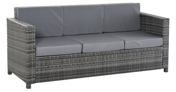 Outsunny Divano da Esterno 3 Posti in Rattan PE e Metallo con Cuscini per Seduta e Schienale, 185x70x80 cm, Grigio | Aosom Italy