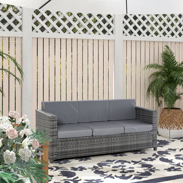 Outsunny Divano da Esterno 3 Posti in Rattan PE e Metallo con Cuscini per Seduta e Schienale, 185x70x80 cm, Grigio | Aosom Italy