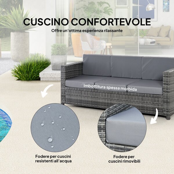 Outsunny Divano da Esterno 3 Posti in Rattan PE e Metallo con Cuscini per Seduta e Schienale, 185x70x80 cm, Grigio | Aosom Italy