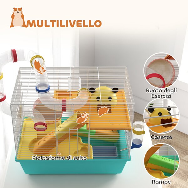 PawHut Gabbia per Criceti con Ruota, Casetta, Ciotola, Rampe e Serbatoio, in Acciaio, PS e PP, 45x28x37 cm, Bianco e Azzurro | Aosom Italy