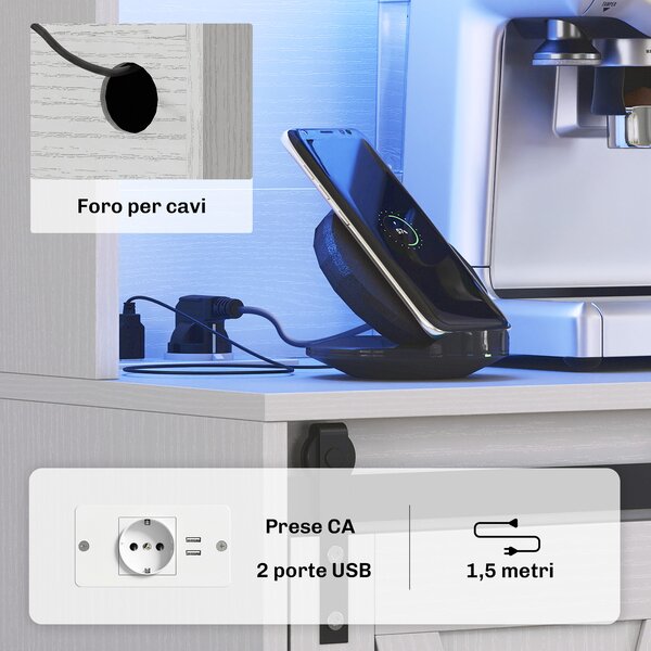 HOMCOM Credenza Cucina con Prese Elettriche, Luce LED, Portabottiglie e Ante Scorrevoli, 100x38x180 cm, Bianco | Aosom Italy