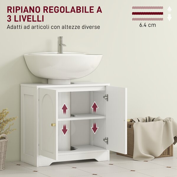 HOMCOM Mobile Sotto Lavabo Bagno a 2 Ante con Ripiano Regolabile su 3 Livelli, in Legno, 60x30x65 cm, Bianco | Aosom Italy