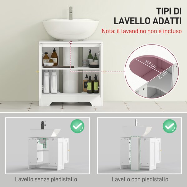 HOMCOM Mobile Sotto Lavabo Bagno a 2 Ante con Ripiano Regolabile su 3 Livelli, in Legno, 60x30x65 cm, Bianco | Aosom Italy