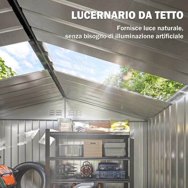Outsunny Casetta da Giardino con Prese d'Aria, Capanno con Lucernario e Doppia Porta Scorrevole Bloccabile, 277x195x192 cm, Grigio Scuro | Aosom Italy