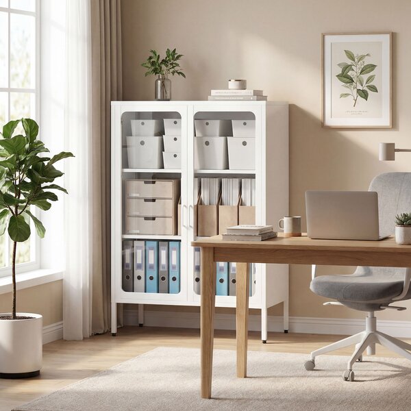 HOMCOM Mobile Portadocumenti in Acciaio con 2 Ante in Vetro e Ripiani Regolabili, 80x40x110 cm, Bianco | Aosom Italy