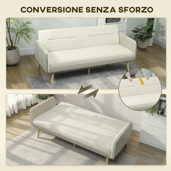 HOMCOM Divano Letto 3 Posti con Schienale Reclinabile e Rivestimento Effetto Velluto, 185x84x83 cm, Beige | Aosom Italy