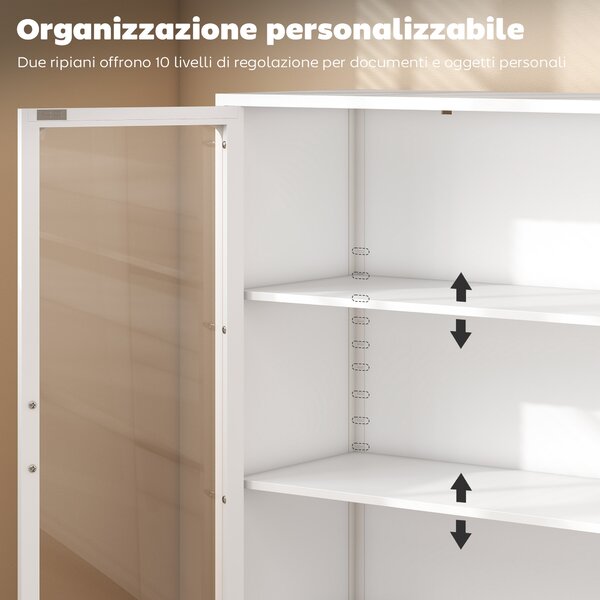 HOMCOM Mobile Portadocumenti in Acciaio con 2 Ante in Vetro e Ripiani Regolabili, 80x40x110 cm, Bianco | Aosom Italy
