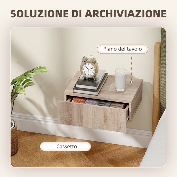 HOMCOM Set di 2 Comodini Sospesi Moderni con Cassetto in Legno, 40x30x15cm, Rovere | Aosom Italy