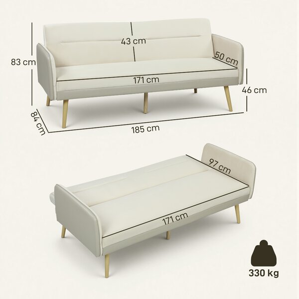 HOMCOM Divano Letto 3 Posti con Schienale Reclinabile e Rivestimento Effetto Velluto, 185x84x83 cm, Beige | Aosom Italy