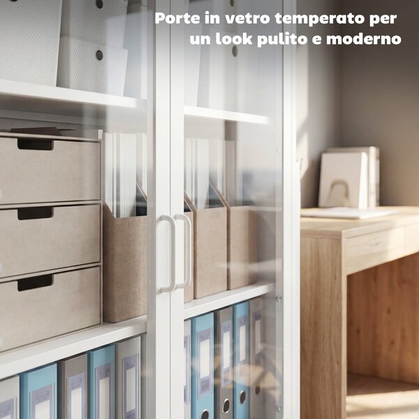 HOMCOM Mobile Portadocumenti in Acciaio con 2 Ante in Vetro e Ripiani Regolabili, 80x40x110 cm, Bianco | Aosom Italy