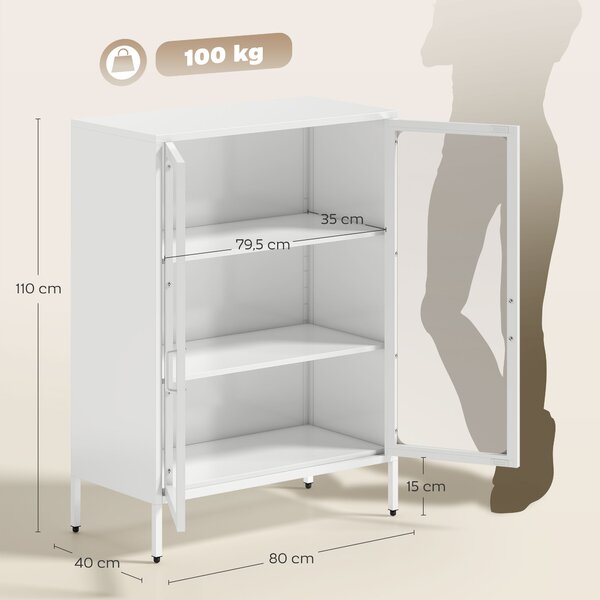 HOMCOM Mobile Portadocumenti in Acciaio con 2 Ante in Vetro e Ripiani Regolabili, 80x40x110 cm, Bianco | Aosom Italy
