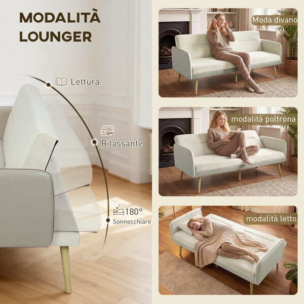 HOMCOM Divano Letto 3 Posti con Schienale Reclinabile e Rivestimento Effetto Velluto, 185x84x83 cm, Beige | Aosom Italy