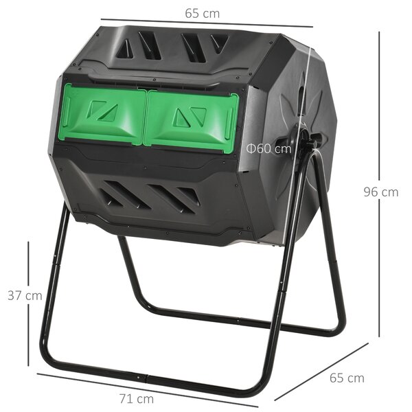 Outsunny Compostiera da Giardino Girevole a 2 Sezioni con 8 Prese d'Aria, Compostiera Domestica in Acciaio e PP, 160 L, per Compostaggio Rifiuti Organici, 71x65x96 cm, Nero | Aosom Italy