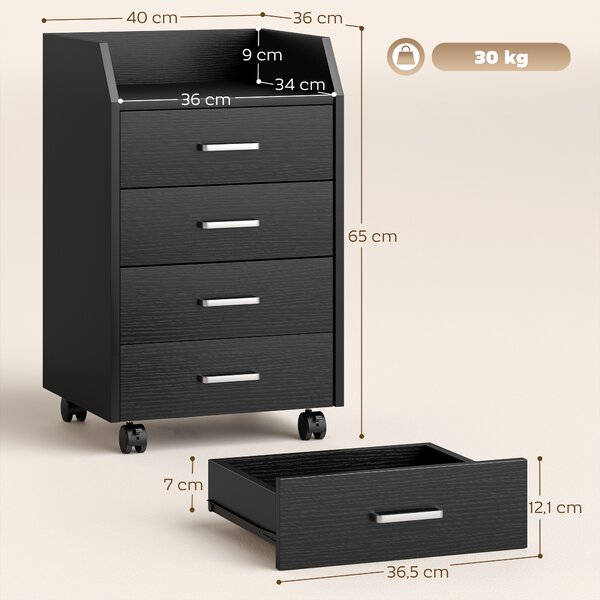 Vinsetto Cassettiera Piccola con 4 Cassetti, Mobiletto Verticale su Ruote, 40 x 36 x 65 cm, Effetto Legno Nero | Aosom Italy