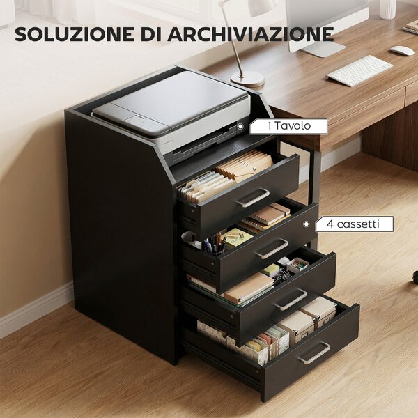 Vinsetto Cassettiera Piccola con 4 Cassetti, Mobiletto Verticale su Ruote, 40 x 36 x 65 cm, Effetto Legno Nero | Aosom Italy