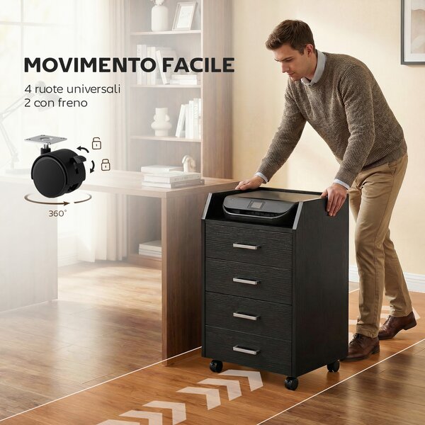 Vinsetto Cassettiera Piccola con 4 Cassetti, Mobiletto Verticale su Ruote, 40 x 36 x 65 cm, Effetto Legno Nero | Aosom Italy