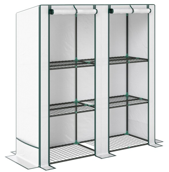 Outsunny Serra da Giardino con 2 Porte Avvolgibili, Scaffale a 3 Ripiani e Tasche Laterali, Bianco e Verde | Aosom Italy
