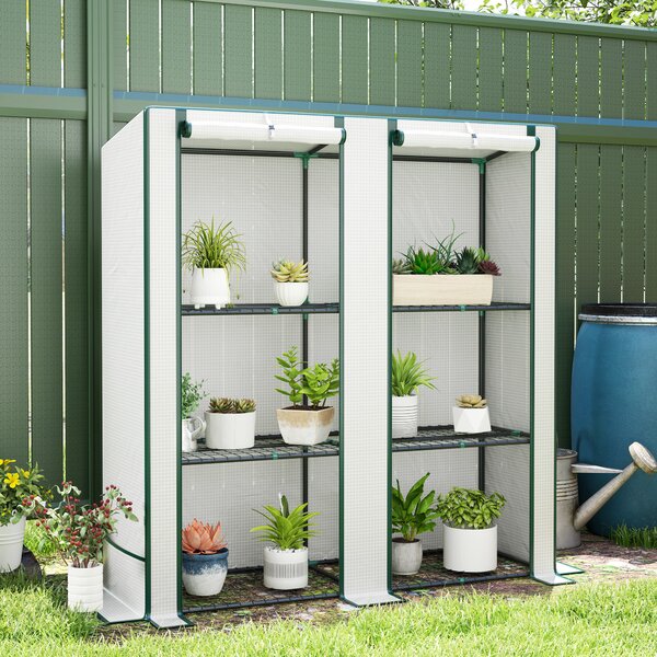 Outsunny Serra da Giardino con 2 Porte Avvolgibili, Scaffale a 3 Ripiani e Tasche Laterali, Bianco e Verde | Aosom Italy