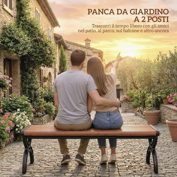 Outsunny Panchina per Esterno 2 Posti in Metallo, 124x39x39 cm, Color Legno e Nero | Aosom Italy