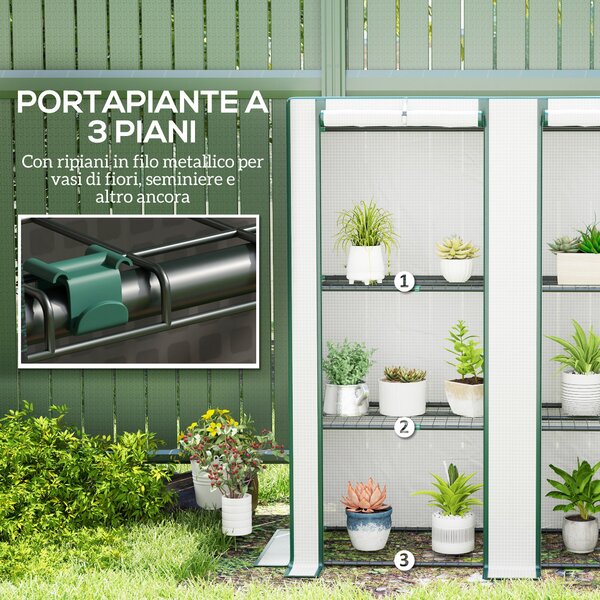 Outsunny Serra da Giardino con 2 Porte Avvolgibili, Scaffale a 3 Ripiani e Tasche Laterali, Bianco e Verde | Aosom Italy