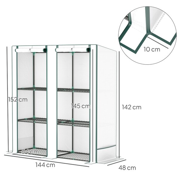 Outsunny Serra da Giardino con 2 Porte Avvolgibili, Scaffale a 3 Ripiani e Tasche Laterali, Bianco e Verde | Aosom Italy
