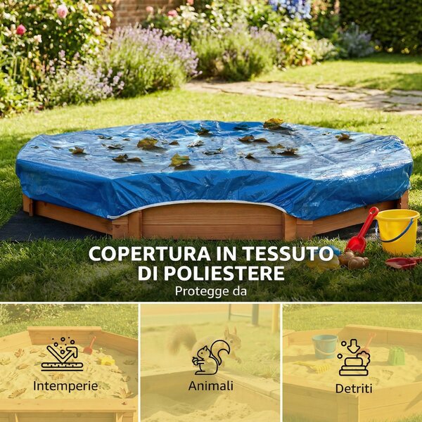 Outsunny Sabbiera per Bambini in Legno Ottagonale con Sedili e Copertura, Gioco da Giardino per Bambini 3-8 Anni, 139.5x139.5x21.5cm|Aosom
